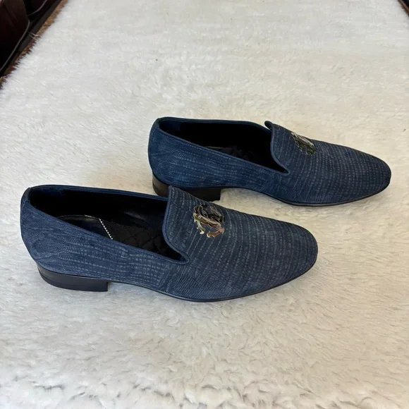 Roberto Cavalli Textured Navy Silver Logo Slip On Men’sshoes size 41 US 8